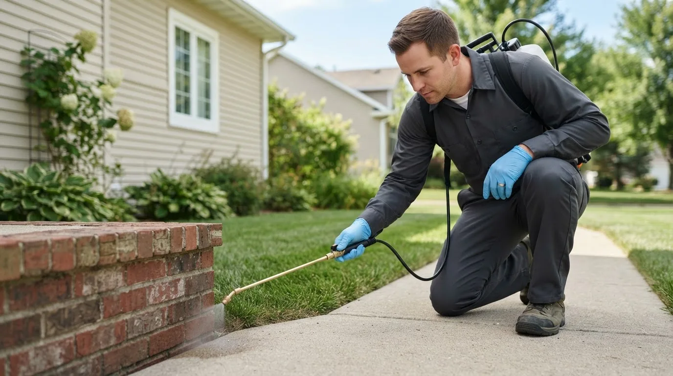 Pest control technician treating a home near Castalia, IA