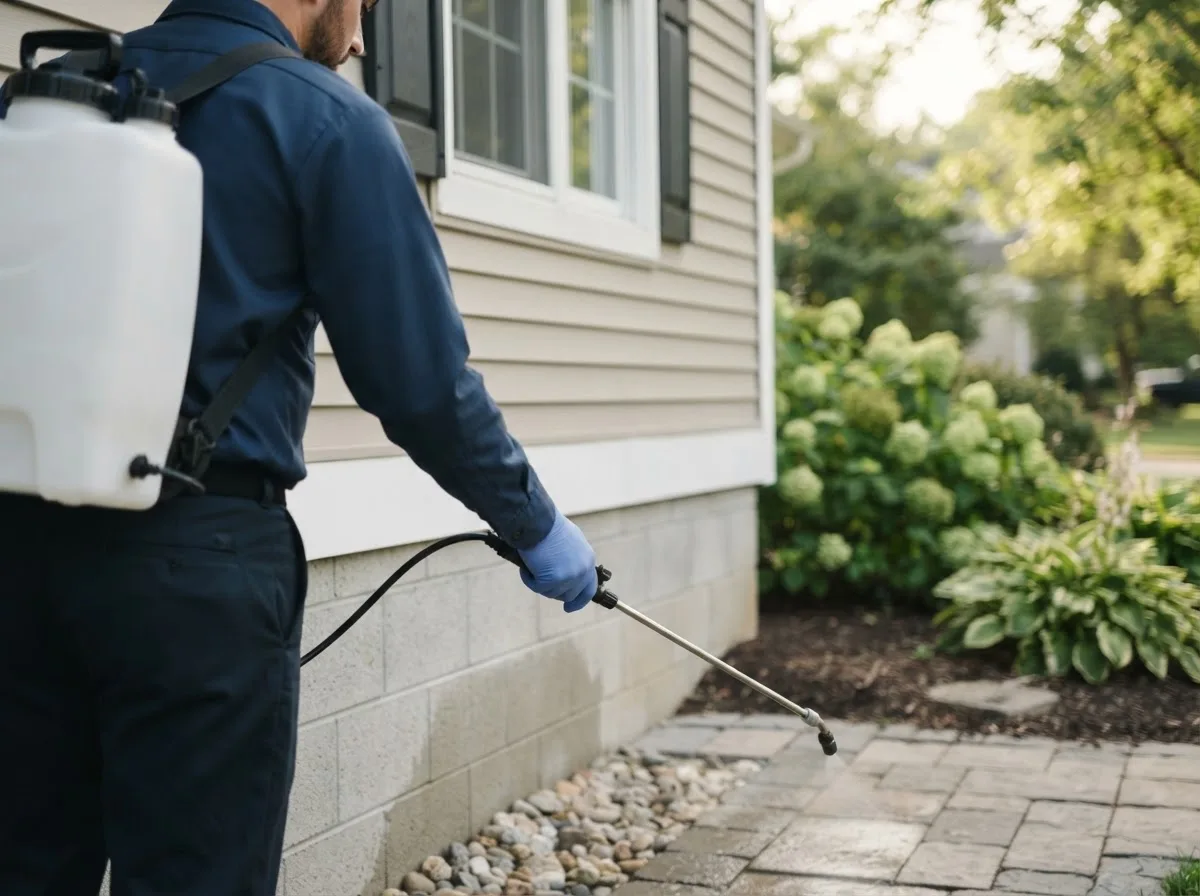 Pest control technician inspecting a home in Castalia, IA